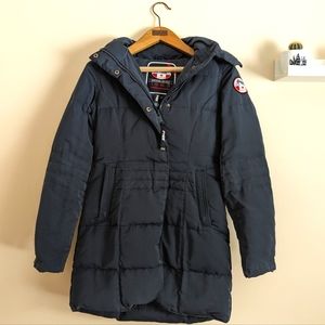 Pajar puffer coat with hood, mid-long, navy blue, Women's XS, Pajar Canada